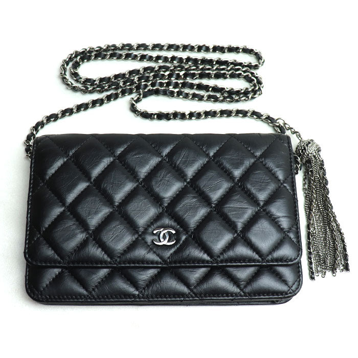 CHANEL シャネル マトラッセ ヴィンテージカーフ チェーンウォレット ショルダーバッグ ブラック レディース【中古】【美品】