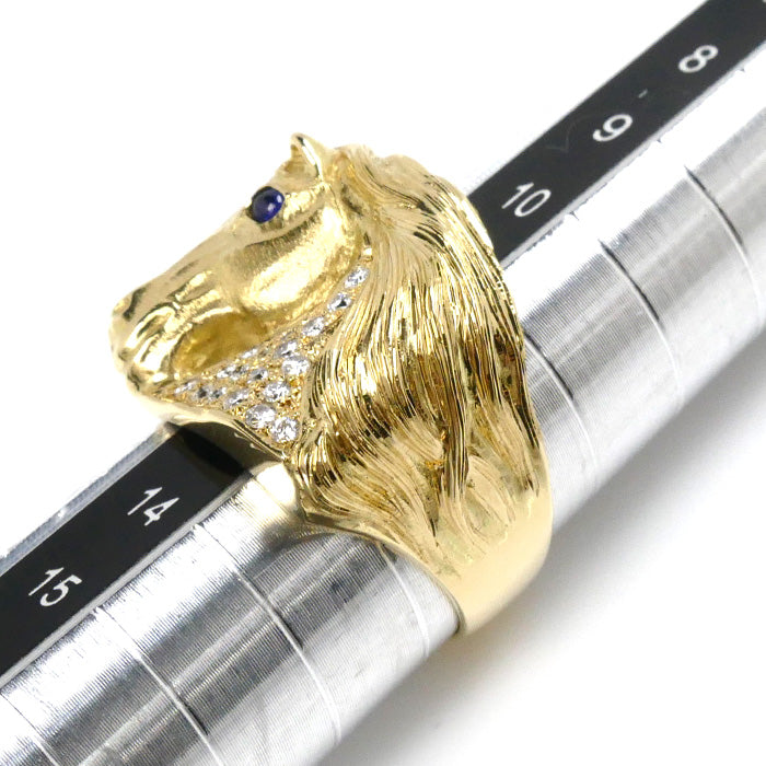 K18YG イエローゴールド 馬モチーフ リング・指輪 ダイヤモンド0.20ct サファイア0.08ct 12号 10.5g レディース【中古】