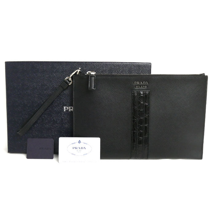 PRADA プラダ サフィアーノ リストレット付き クラッチバッグ ブラック 2NH005 2EB3 F0002 メンズ【中古】【美品】