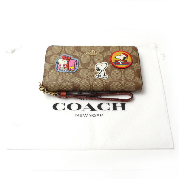 COACH コーチ COACH X PEANUTS ロング ジップ アラウンド ウォレット・シグネチャー キャンバス・パッチ 長財布 ラウンドファスナー カーキ/レッドウッド/マルチ CF218 IMT1O【未使用】【買取品】